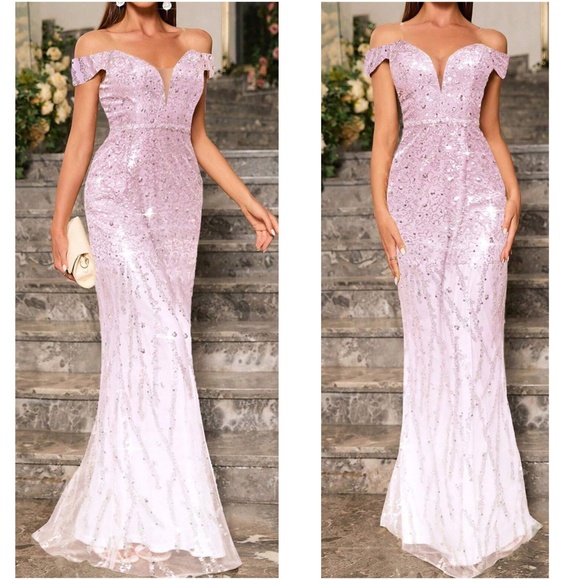 Ombre Sequin Off Shoulder Bodycon Party Formal Prom Wedding Dress - Picture 6 of 9